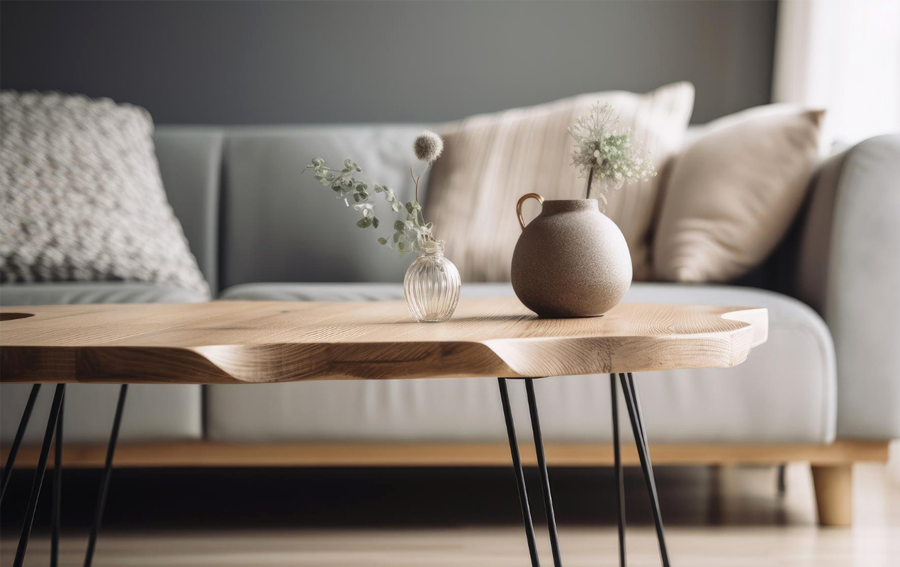 Living room with wood furniture and decor