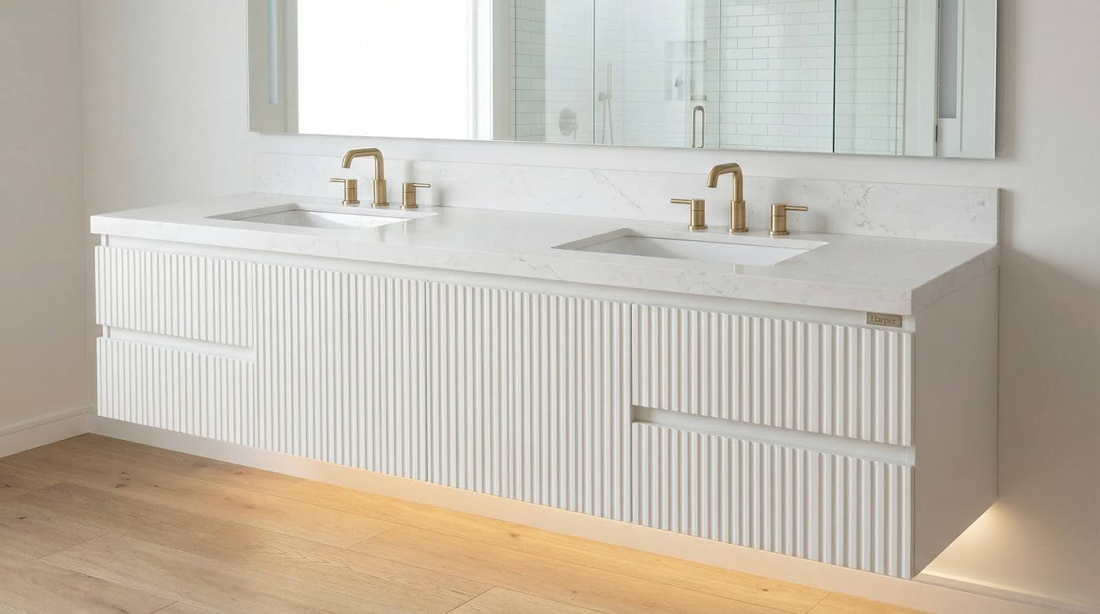 Harper 60-inch white fluted floating double vanity in a compact bathroom