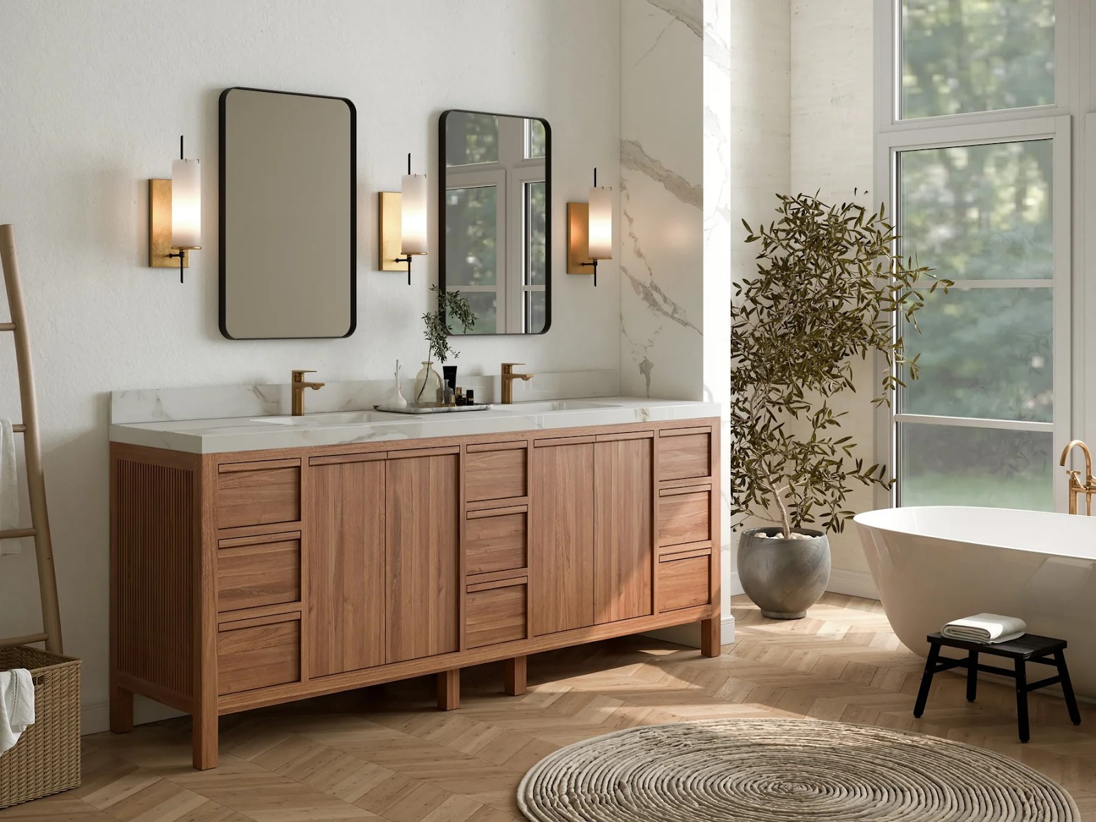 Willow Elizabeth 84-inch white oak fluted double vanity in a luxury primary bathroom